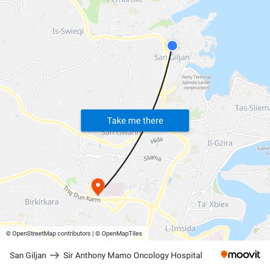 San Giljan to Sir Anthony Mamo Oncology Hospital map