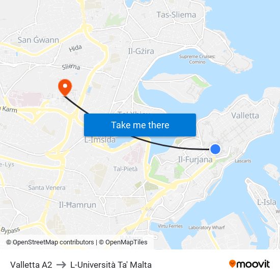 Valletta A2 to L-Università Ta' Malta map