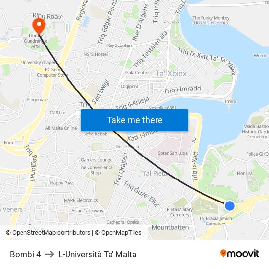 Bombi 4 to L-Università Ta' Malta map