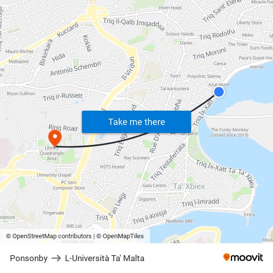 Ponsonby to L-Università Ta' Malta map
