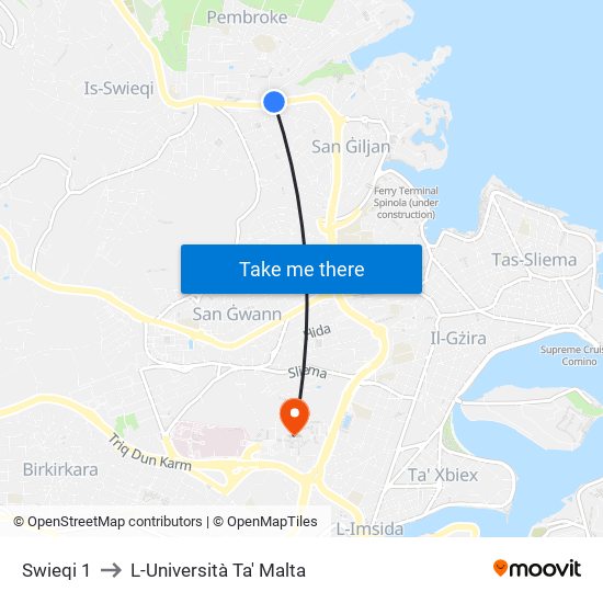 Swieqi 1 to L-Università Ta' Malta map