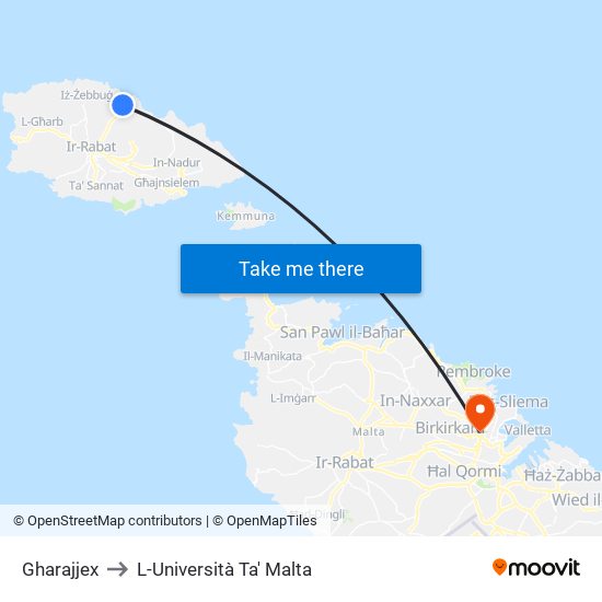 Gharajjex to L-Università Ta' Malta map