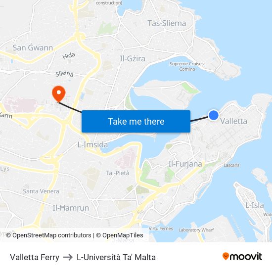 Valletta Ferry to L-Università Ta' Malta map