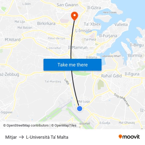 Mitjar to L-Università Ta' Malta map