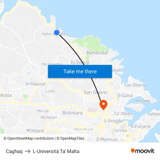 Caghaq to L-Università Ta' Malta map