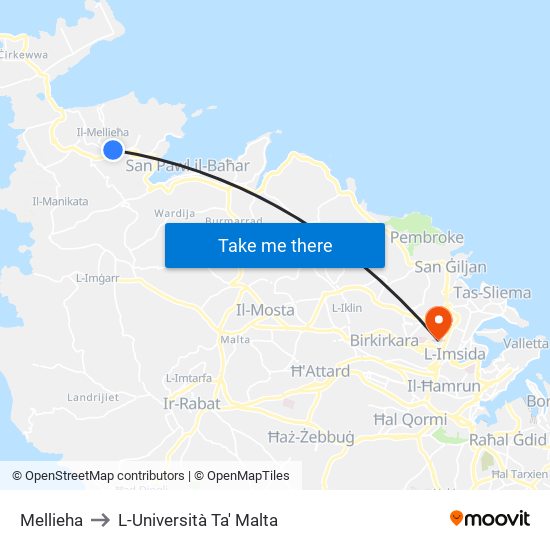 Mellieha to L-Università Ta' Malta map