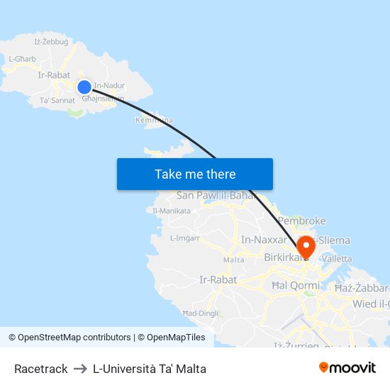 Racetrack to L-Università Ta' Malta map