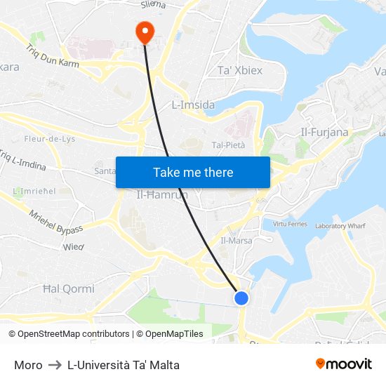 Moro to L-Università Ta' Malta map