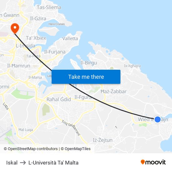 Iskal to L-Università Ta' Malta map