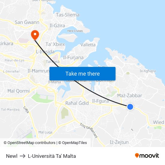 Newl to L-Università Ta' Malta map