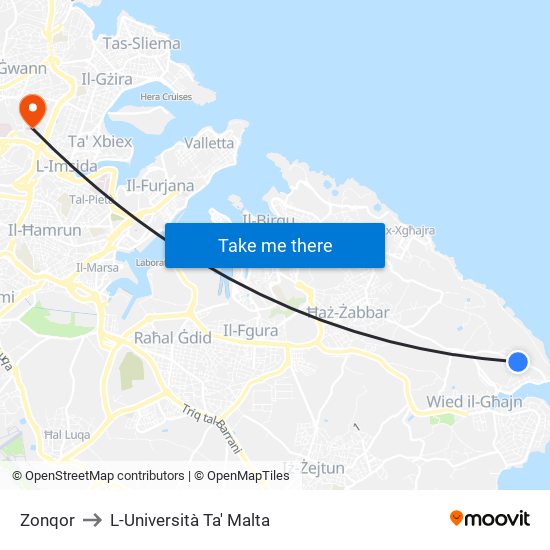 Zonqor to L-Università Ta' Malta map