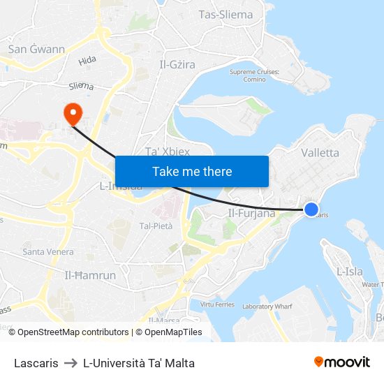 Lascaris to L-Università Ta' Malta map