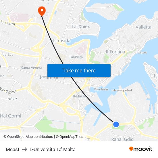Mcast to L-Università Ta' Malta map