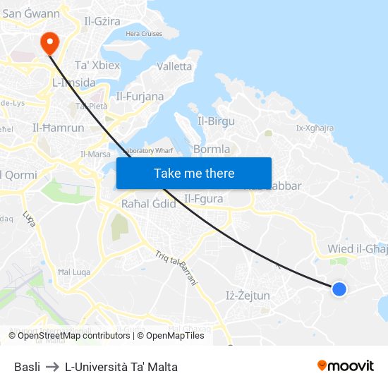 Basli to L-Università Ta' Malta map