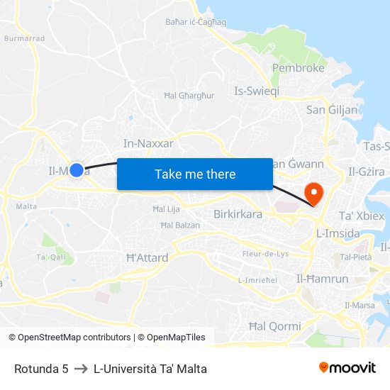 Rotunda 5 to L-Università Ta' Malta map