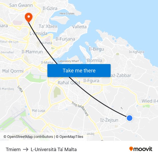 Tmiem to L-Università Ta' Malta map