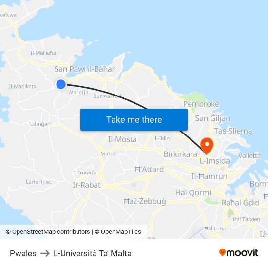 Pwales to L-Università Ta' Malta map