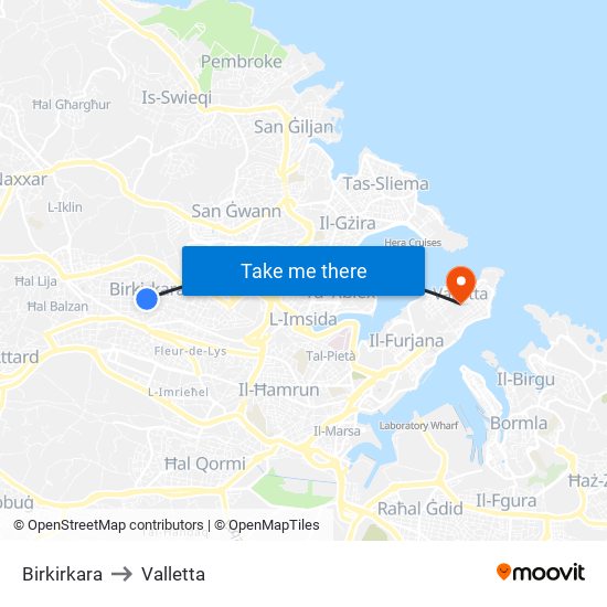 Birkirkara to Valletta map