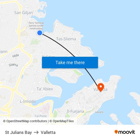 St Julians Bay to Valletta map