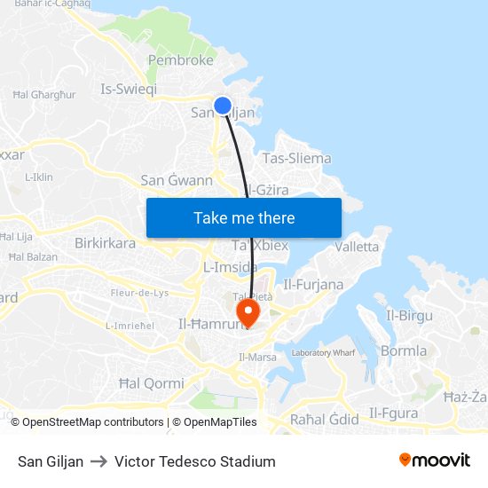 San Giljan to Victor Tedesco Stadium map