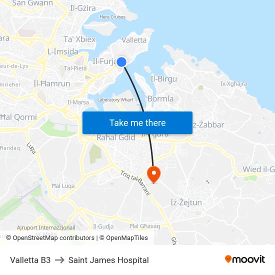 Valletta B3 to Saint James Hospital map