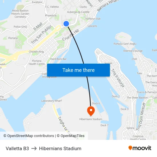 Valletta B3 to Hibernians Stadium map