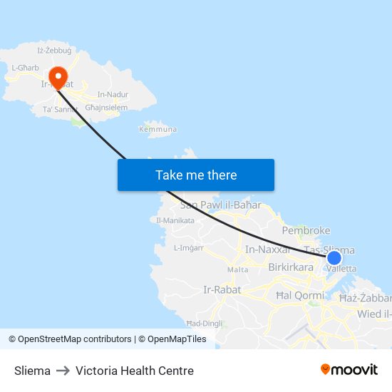 Sliema to Victoria Health Centre map