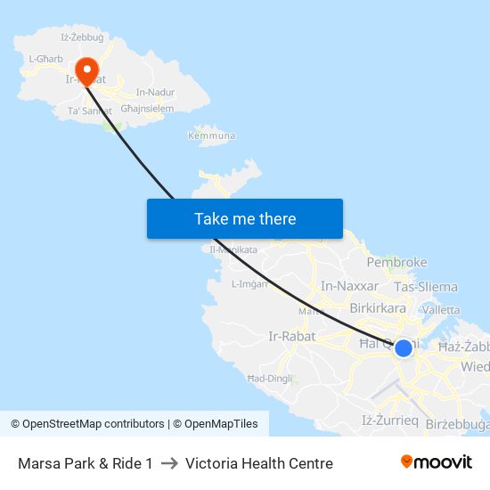 Marsa Park & Ride 1 to Victoria Health Centre map