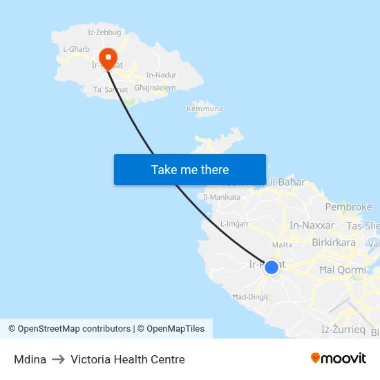 Mdina to Victoria Health Centre map