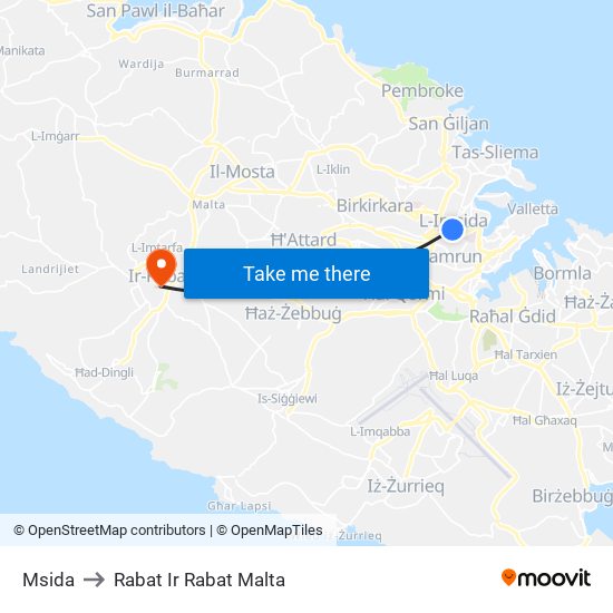 Msida to Rabat Ir Rabat Malta map