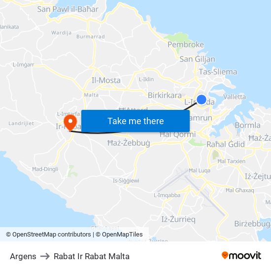 Argens to Rabat Ir Rabat Malta map