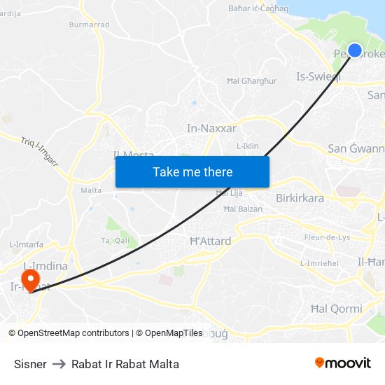 Sisner to Rabat Ir Rabat Malta map