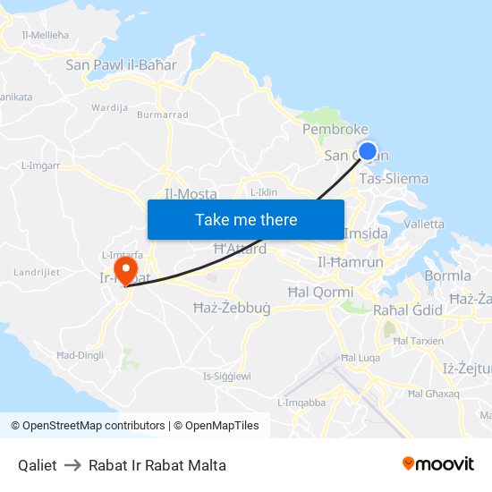 Qaliet to Rabat Ir Rabat Malta map