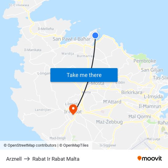 Arznell to Rabat Ir Rabat Malta map