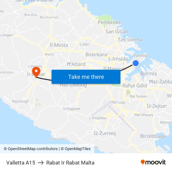 Valletta A15 to Rabat Ir Rabat Malta map