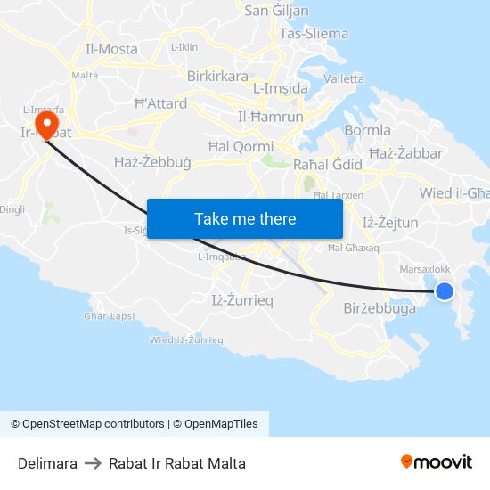 Delimara to Rabat Ir Rabat Malta map