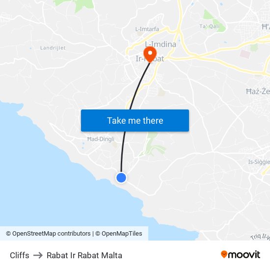 Cliffs to Rabat Ir Rabat Malta map