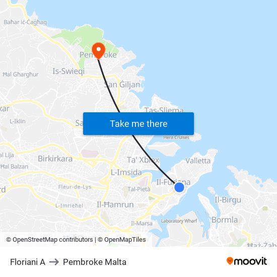 Floriani A to Pembroke Malta map