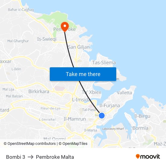 Bombi 3 to Pembroke Malta map