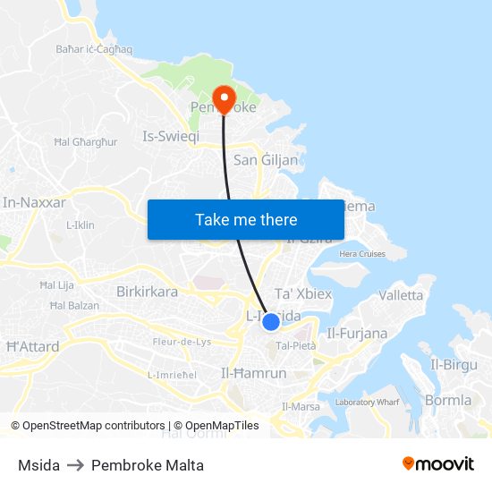 Msida to Pembroke Malta map