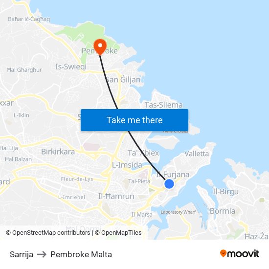 Sarrija to Pembroke Malta map