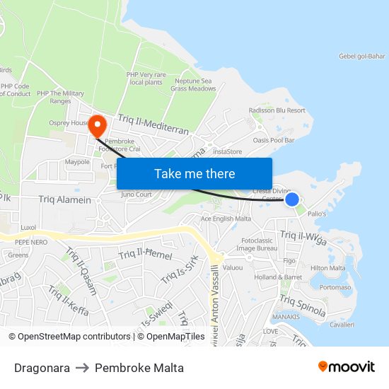 Dragonara to Pembroke Malta map