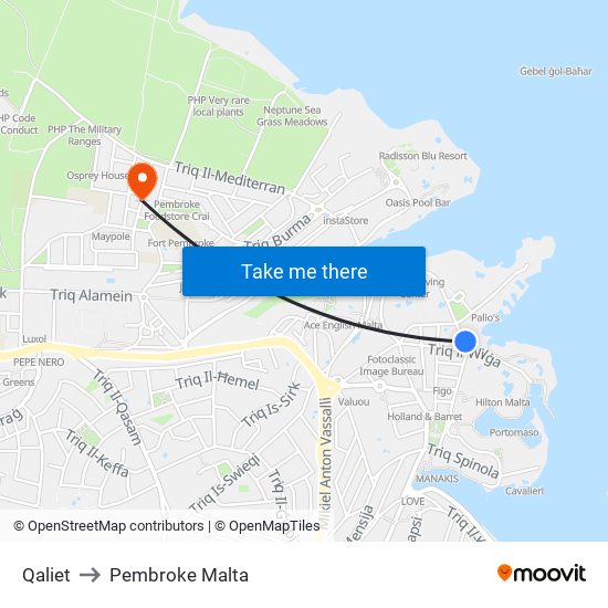 Qaliet to Pembroke Malta map