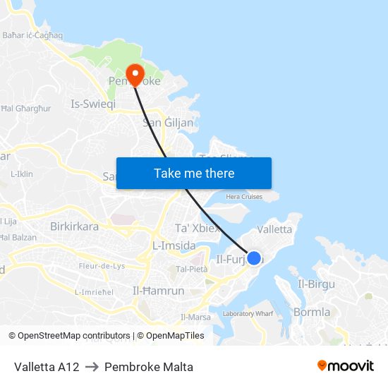 Valletta A12 to Pembroke Malta map