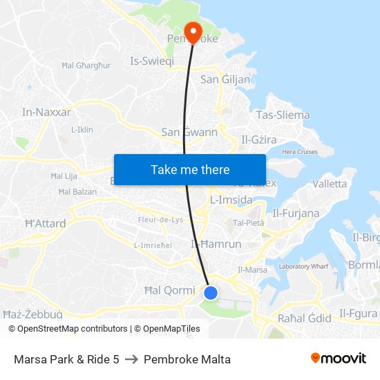 Marsa Park & Ride 5 to Pembroke Malta map