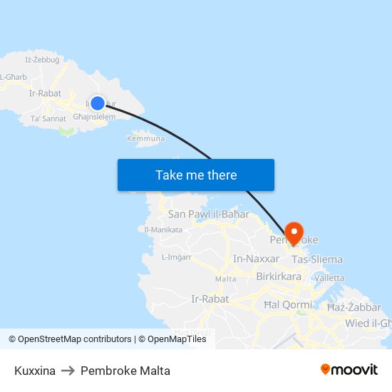 Kuxxina to Pembroke Malta map