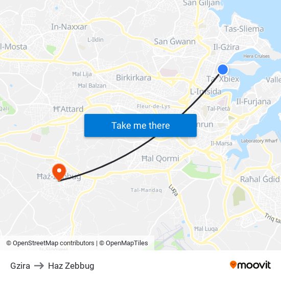 Gzira to Haz Zebbug map