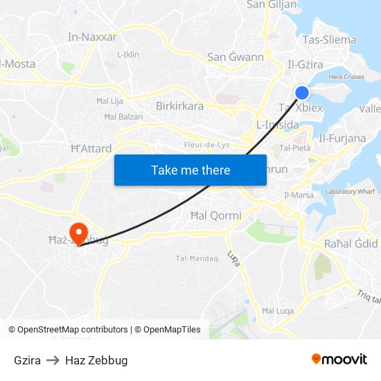 Gzira to Haz Zebbug map