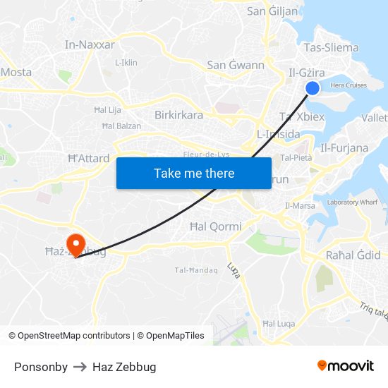 Ponsonby to Haz Zebbug map