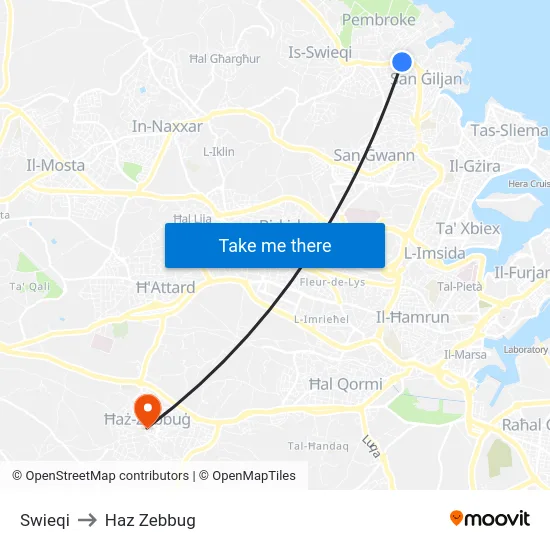 Swieqi to Haz Zebbug map